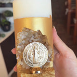 Vela Artesanal São Bento - Cristais Champagne e Ouro