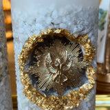 Vela Artesanal Divino Espírito Santo - Cristais Brancos e Moldura Dourada Premium